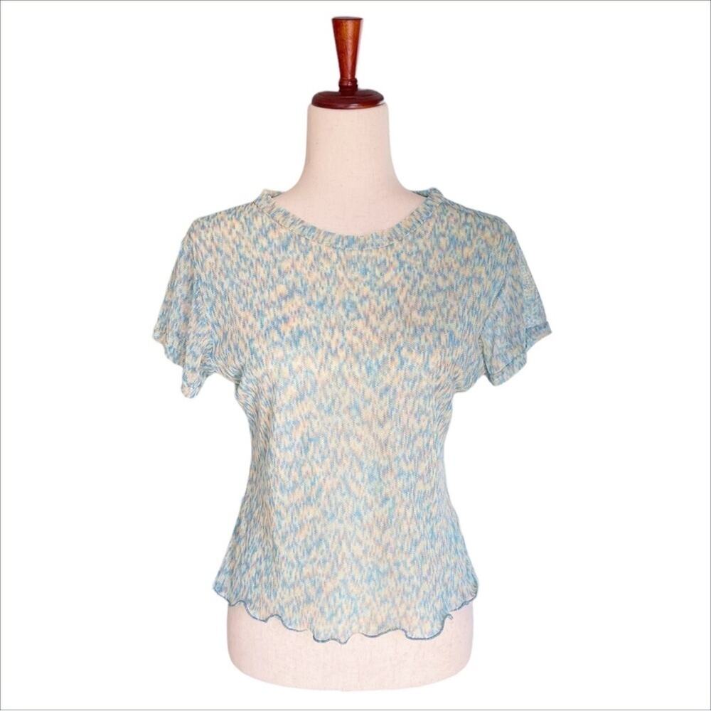 PETIT POIS Sheer Mesh Short-Sleeve Top Ruffle Hem Green Cream Copper Size L
